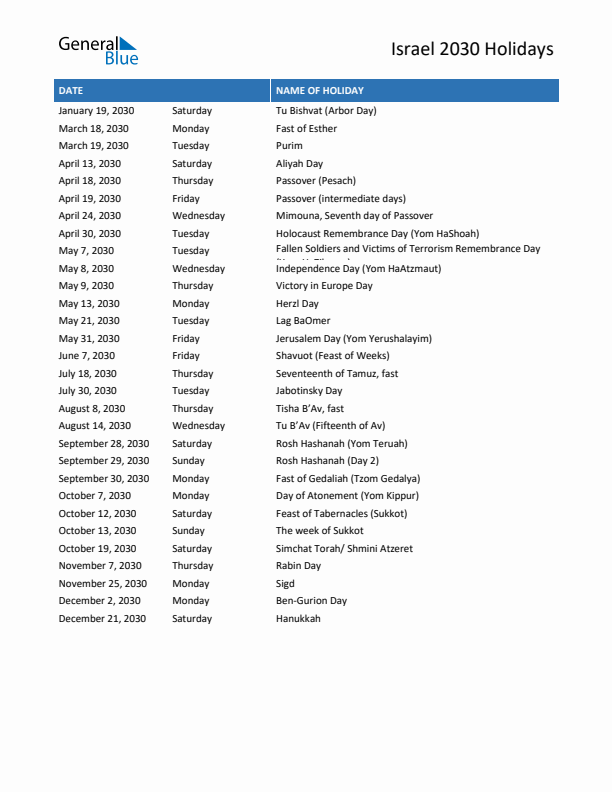 Free printable list of Israel holidays for year 2030