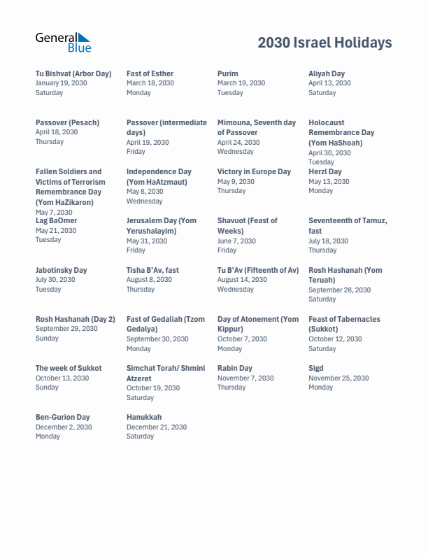 Free printable list of Israel holidays for year 2030