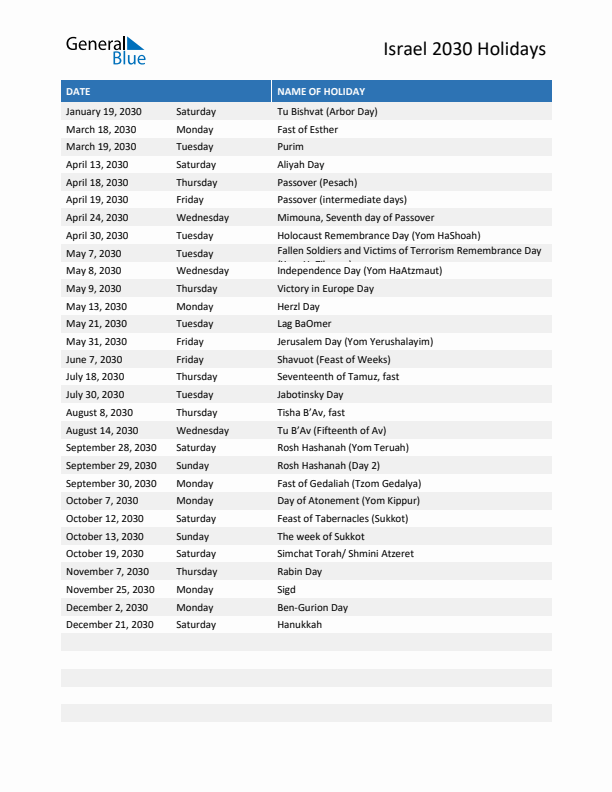 Free printable list of Israel holidays for year 2030