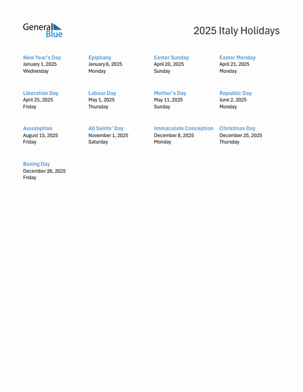 Free printable list of Italy holidays for year 2025