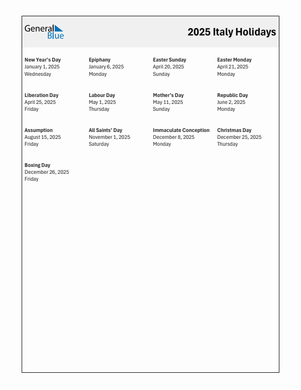 Free printable list of Italy holidays for year 2025