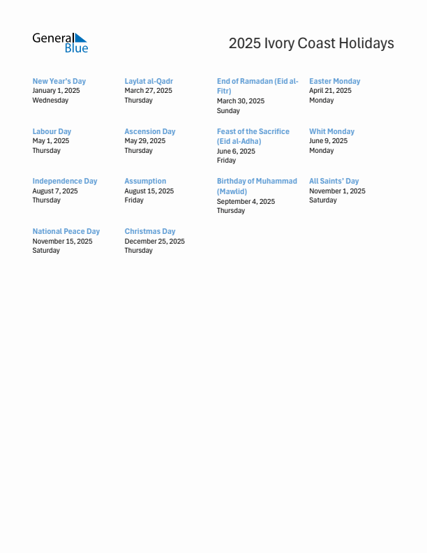 Free printable list of Ivory Coast holidays for year 2025