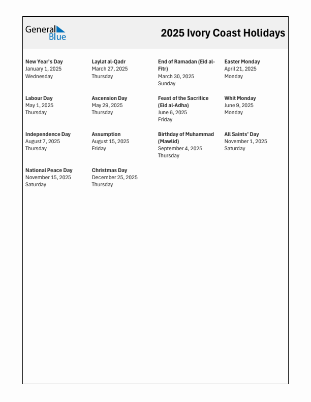 Free printable list of Ivory Coast holidays for year 2025