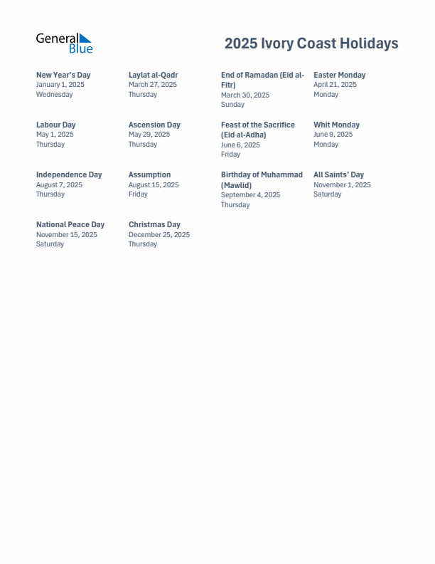 Free printable list of Ivory Coast holidays for year 2025