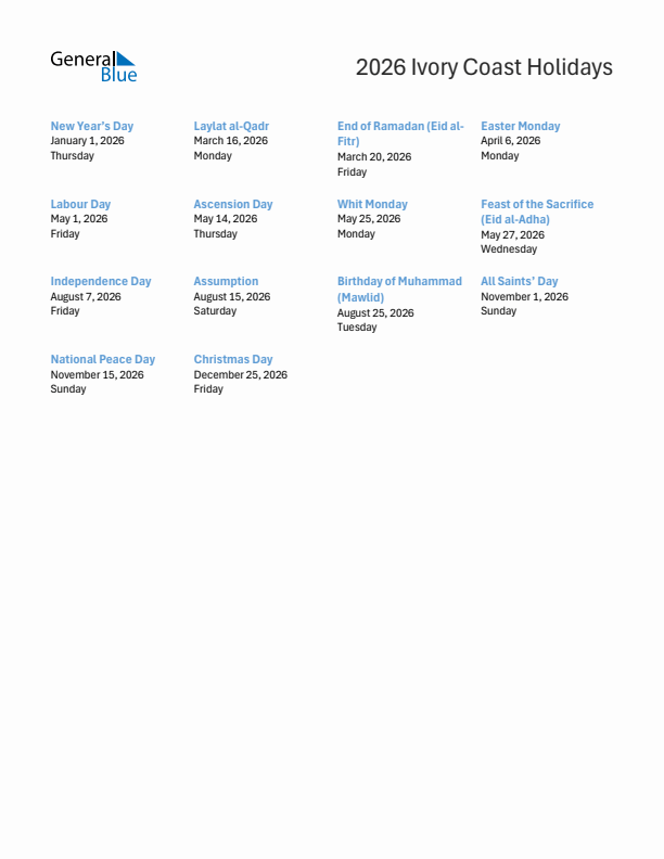 Free printable list of Ivory Coast holidays for year 2026