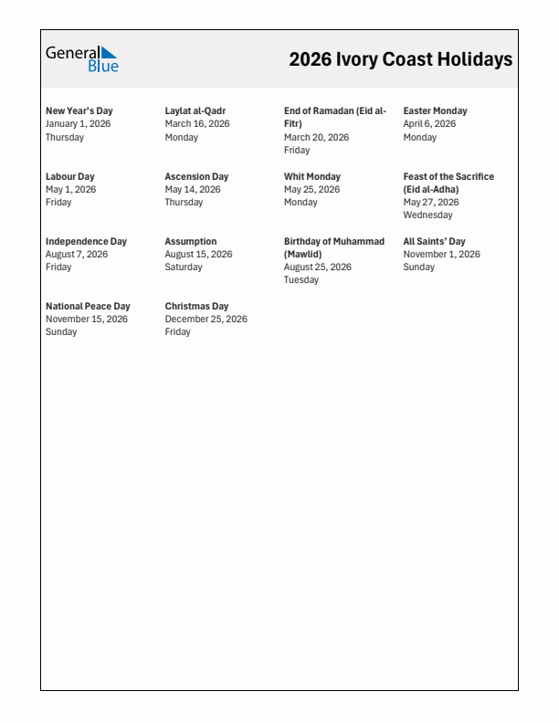 Free printable list of Ivory Coast holidays for year 2026
