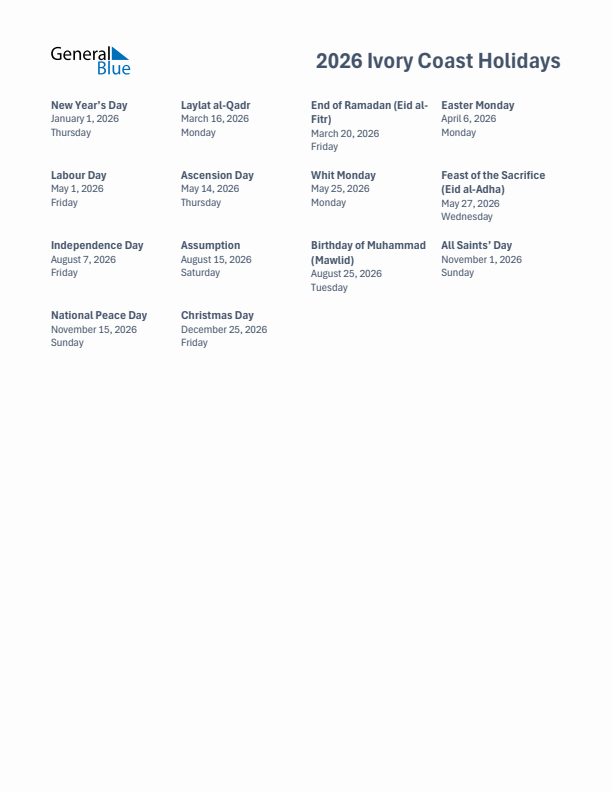 Free printable list of Ivory Coast holidays for year 2026