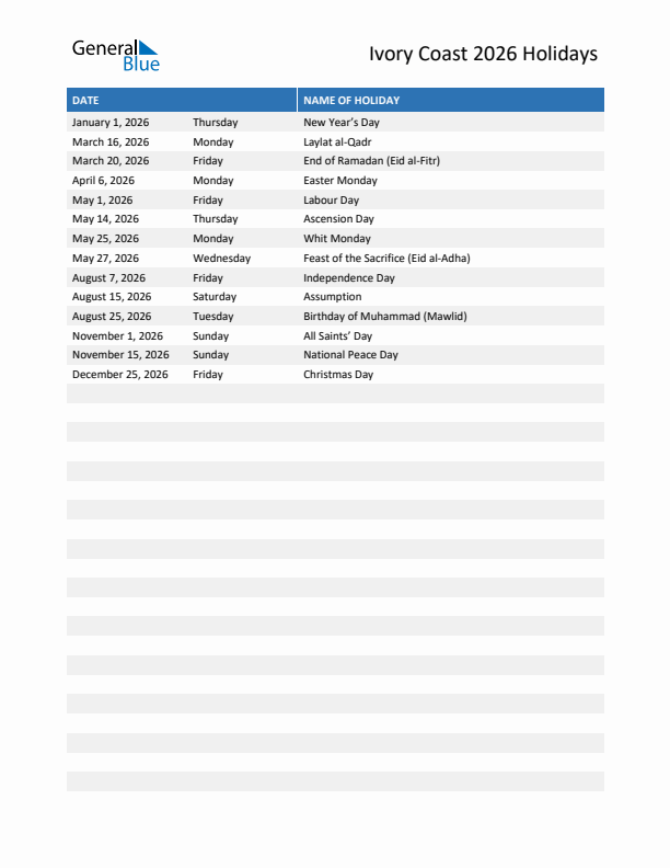 Free printable list of Ivory Coast holidays for year 2026