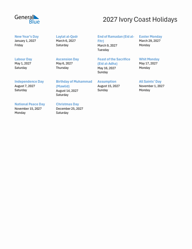 Free printable list of Ivory Coast holidays for year 2027