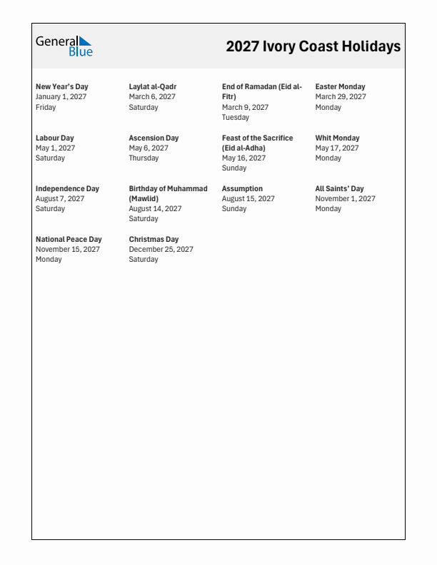 Free printable list of Ivory Coast holidays for year 2027