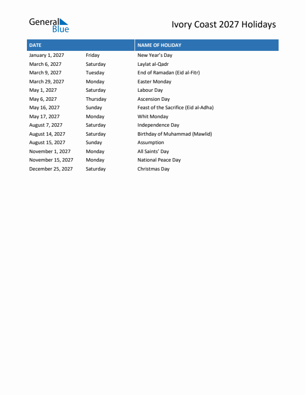 Free printable list of Ivory Coast holidays for year 2027