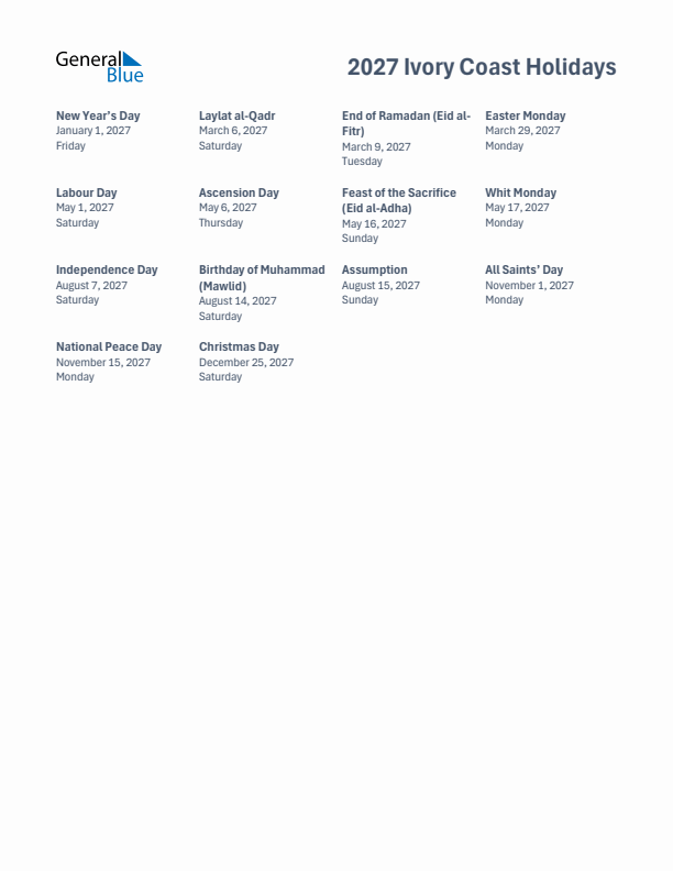 Free printable list of Ivory Coast holidays for year 2027