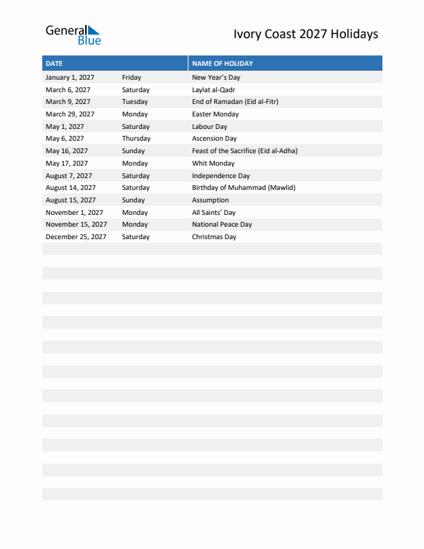 Free printable list of Ivory Coast holidays for year 2027