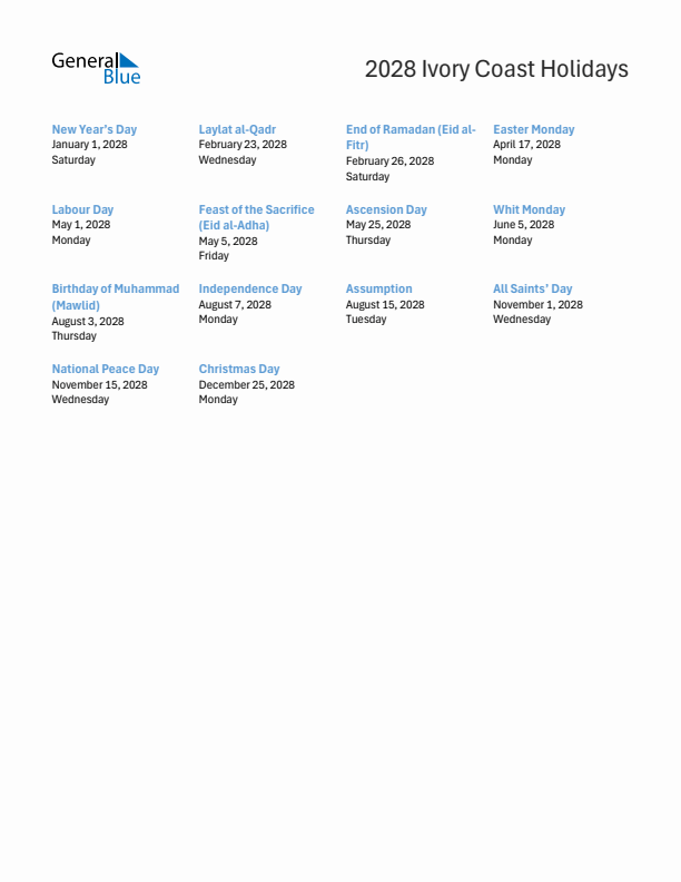Free printable list of Ivory Coast holidays for year 2028