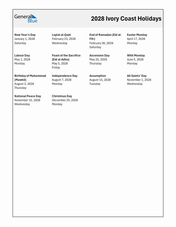 Free printable list of Ivory Coast holidays for year 2028