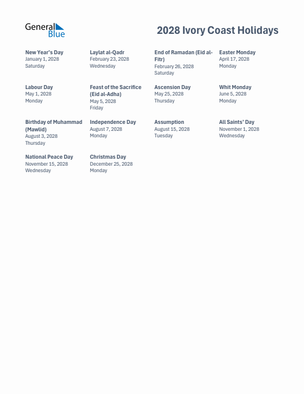 Free printable list of Ivory Coast holidays for year 2028