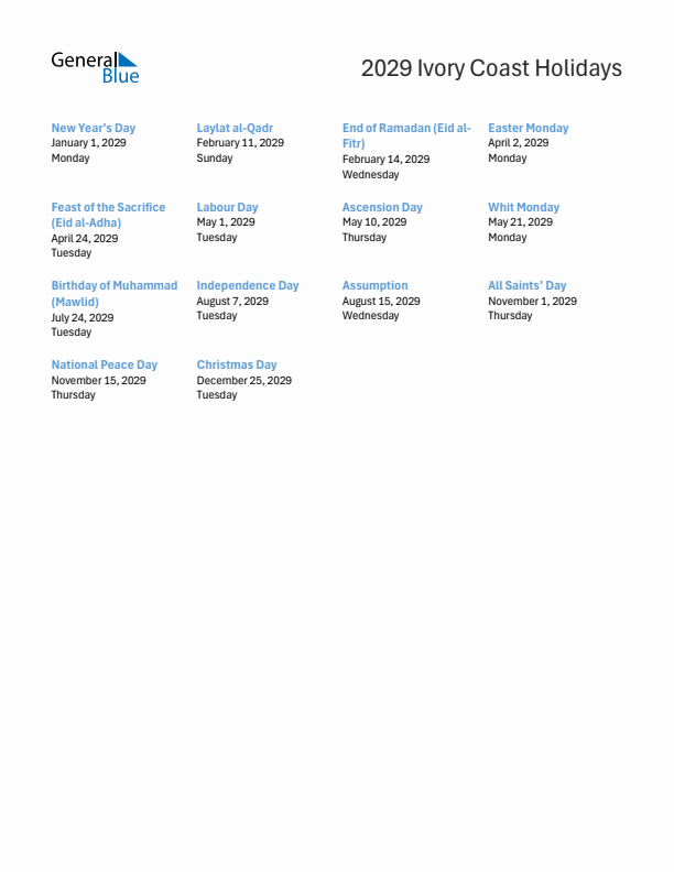 Free printable list of Ivory Coast holidays for year 2029