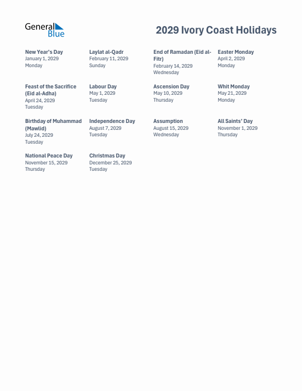 Free printable list of Ivory Coast holidays for year 2029