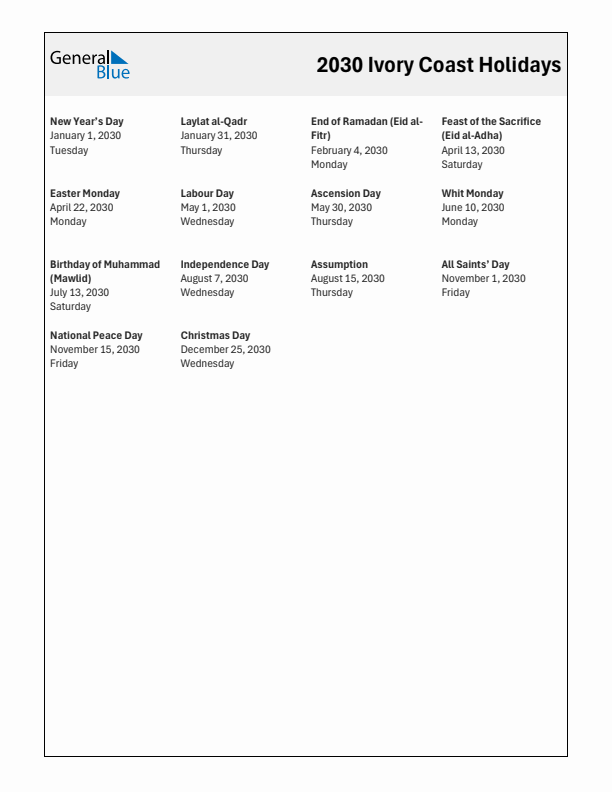 Free printable list of Ivory Coast holidays for year 2030