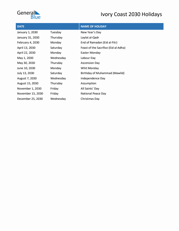 Free printable list of Ivory Coast holidays for year 2030