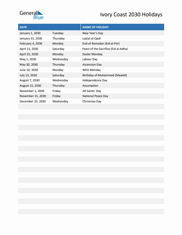 Free printable list of Ivory Coast holidays for year 2030