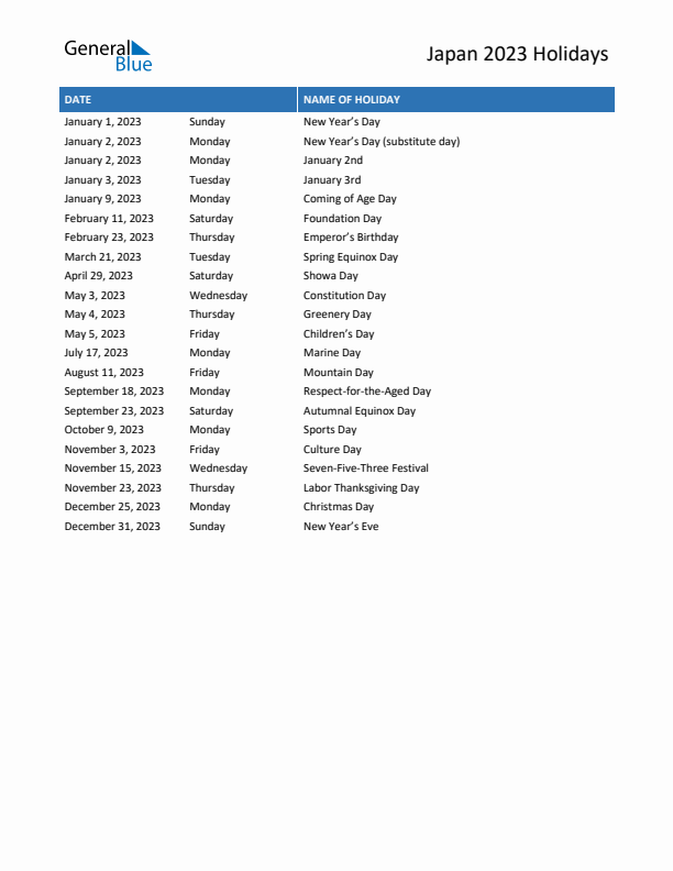 Free printable list of Japan holidays for year 2023