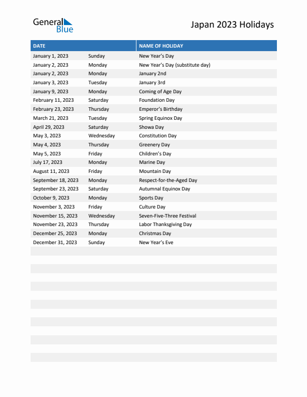 Free printable list of Japan holidays for year 2023