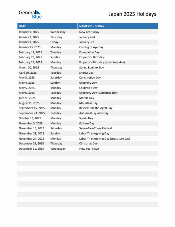 2025 Japan List of Holidays in PDF, Word, and Excel