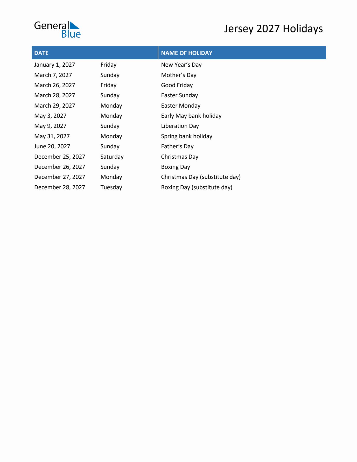 2027 Jersey List of Holidays in PDF, Word, and Excel