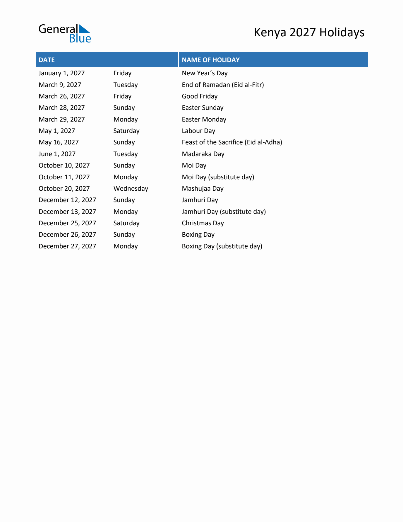 2027 Kenya List of Holidays in PDF, Word, and Excel
