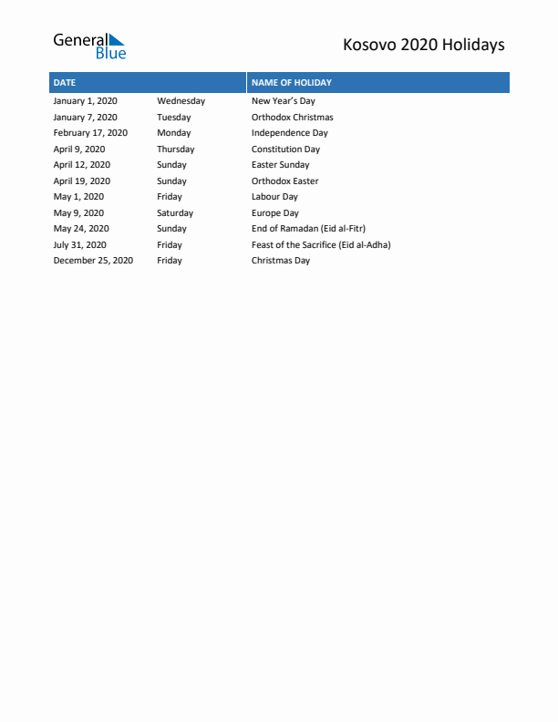 Free printable list of Kosovo holidays for year 2020