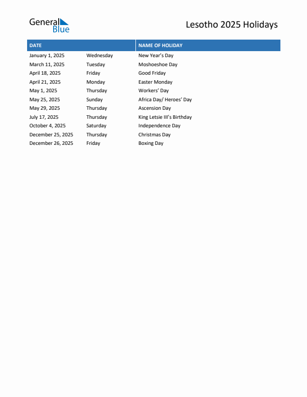 2025 Lesotho List of Holidays in PDF, Word, and Excel