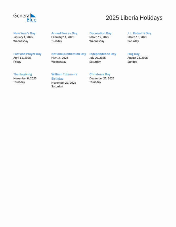 Free printable list of Liberia holidays for year 2025