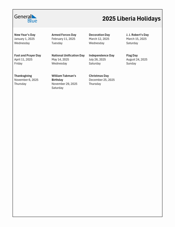 Free printable list of Liberia holidays for year 2025