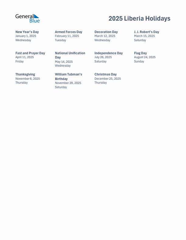 Free printable list of Liberia holidays for year 2025