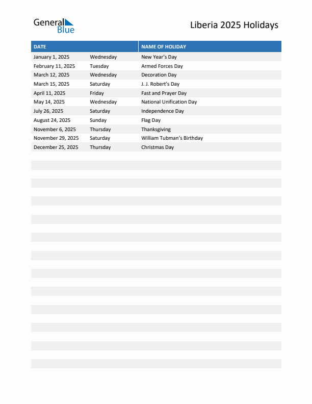 Free printable list of Liberia holidays for year 2025