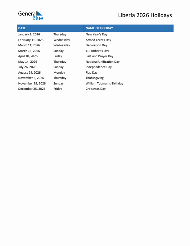 Free printable list of Liberia holidays for year 2026