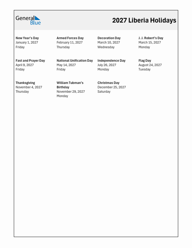 Free printable list of Liberia holidays for year 2027