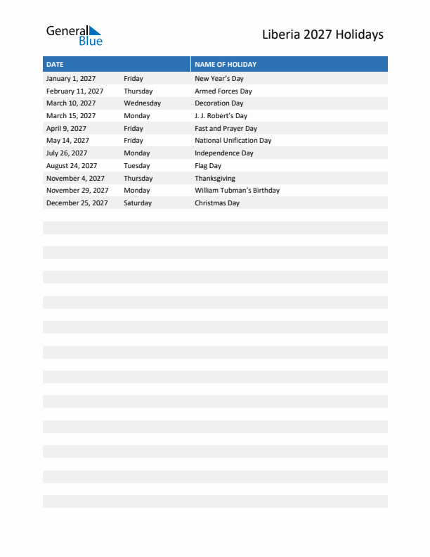 Free printable list of Liberia holidays for year 2027