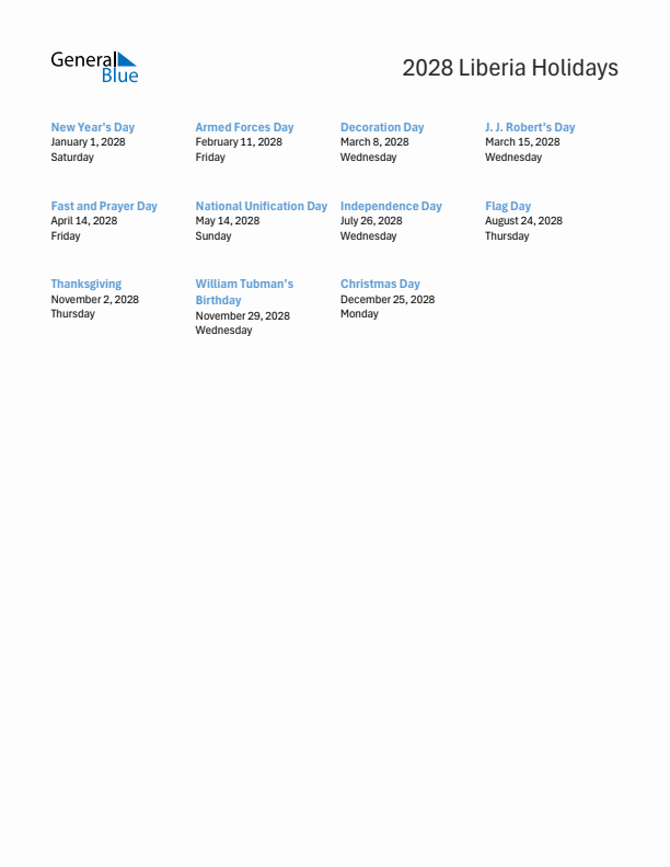 Free printable list of Liberia holidays for year 2028