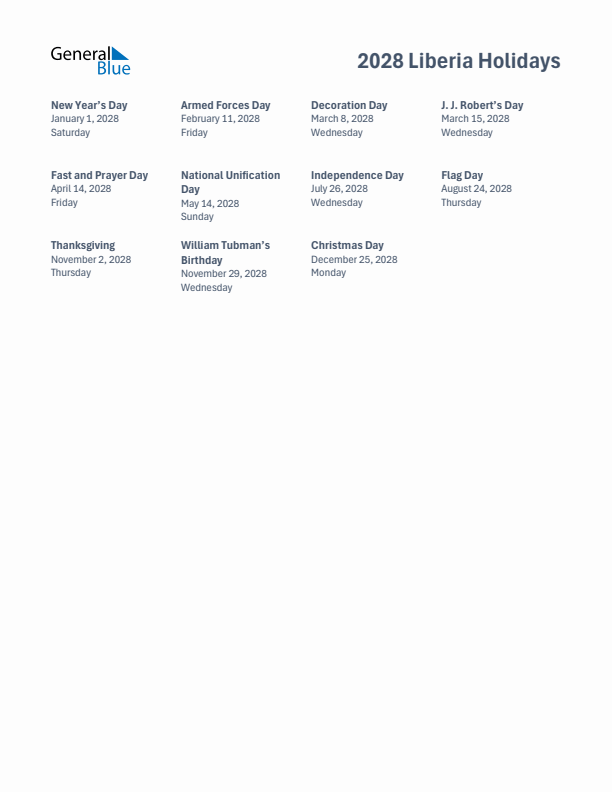 Free printable list of Liberia holidays for year 2028