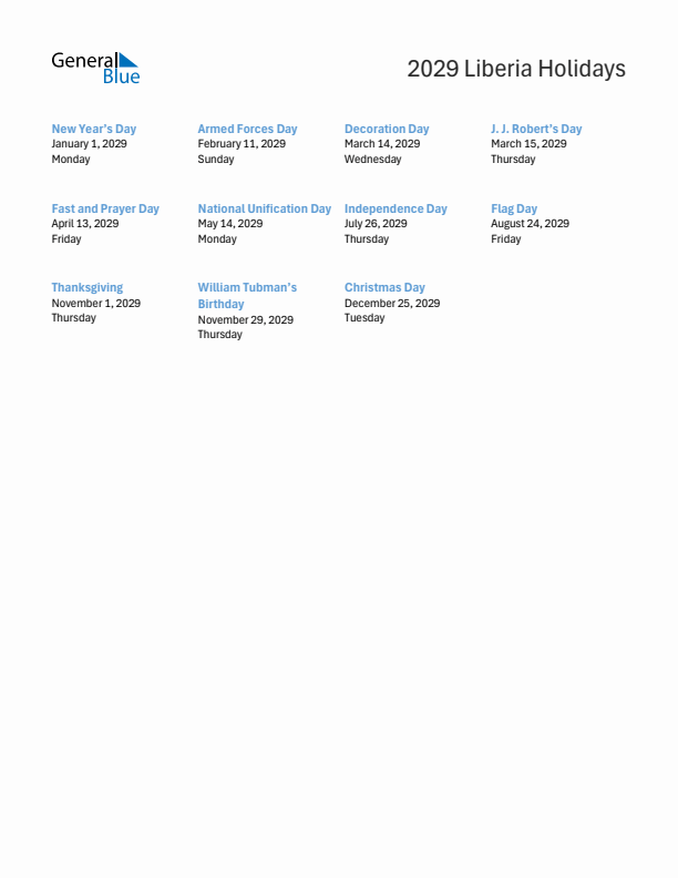 Free printable list of Liberia holidays for year 2029