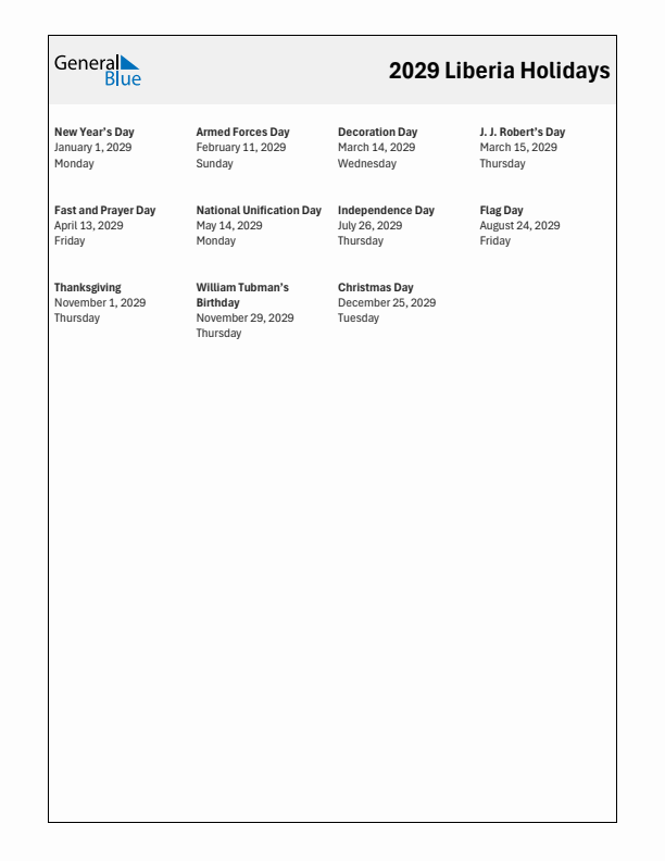 Free printable list of Liberia holidays for year 2029