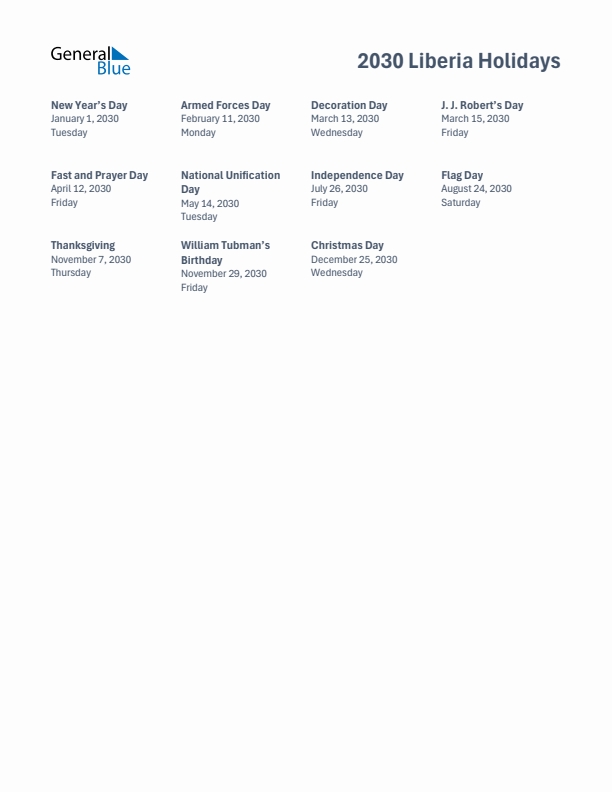 Free printable list of Liberia holidays for year 2030