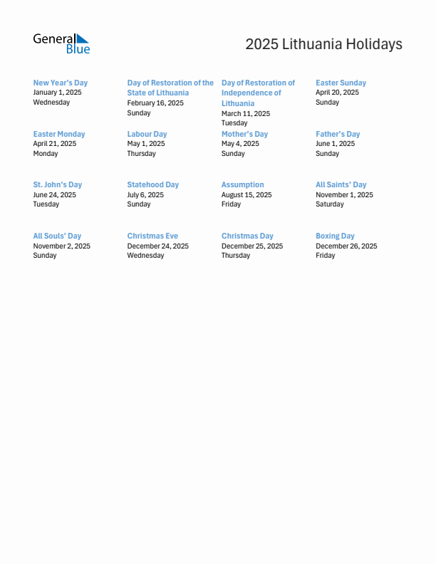 Free printable list of Lithuania holidays for year 2025