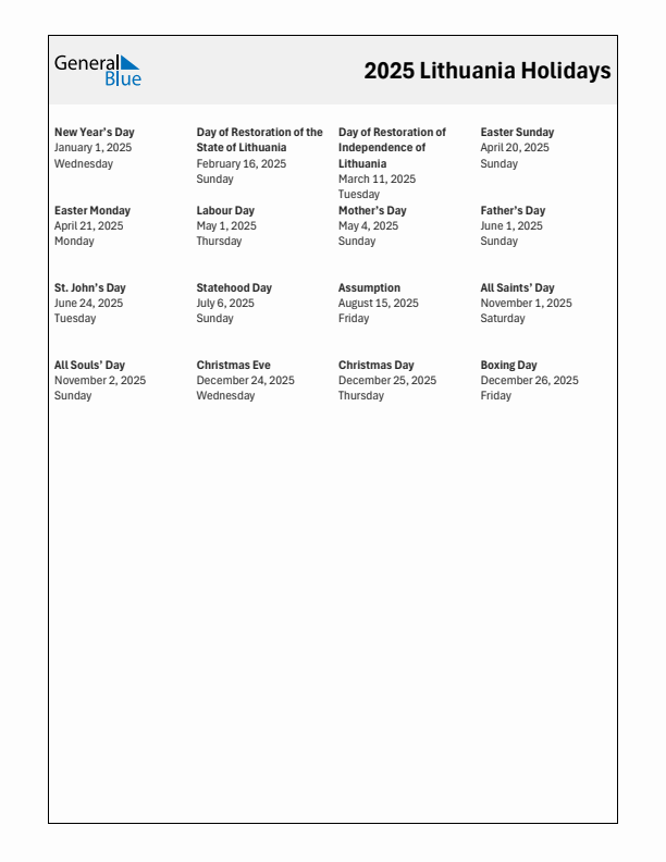Free printable list of Lithuania holidays for year 2025