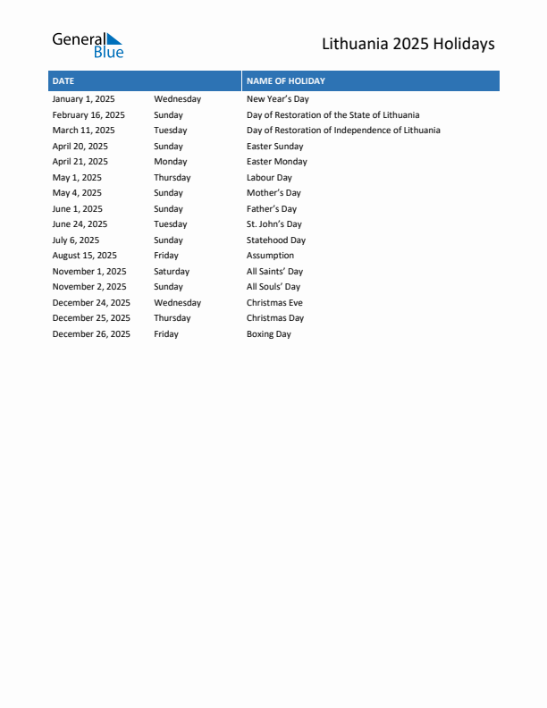 Free printable list of Lithuania holidays for year 2025