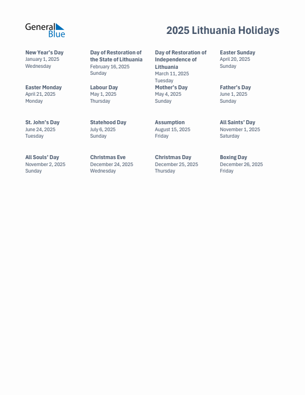 Free printable list of Lithuania holidays for year 2025