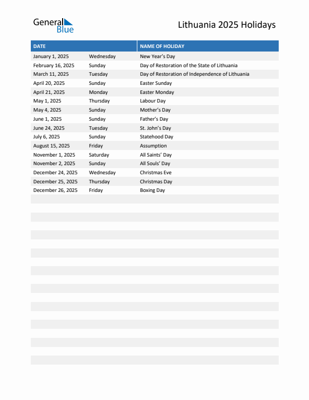 Free printable list of Lithuania holidays for year 2025