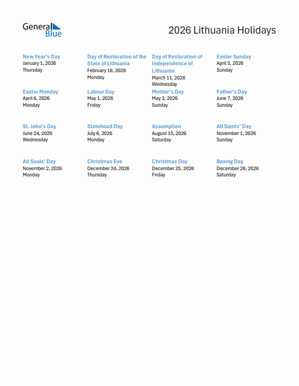 Free printable list of Lithuania holidays for year 2026